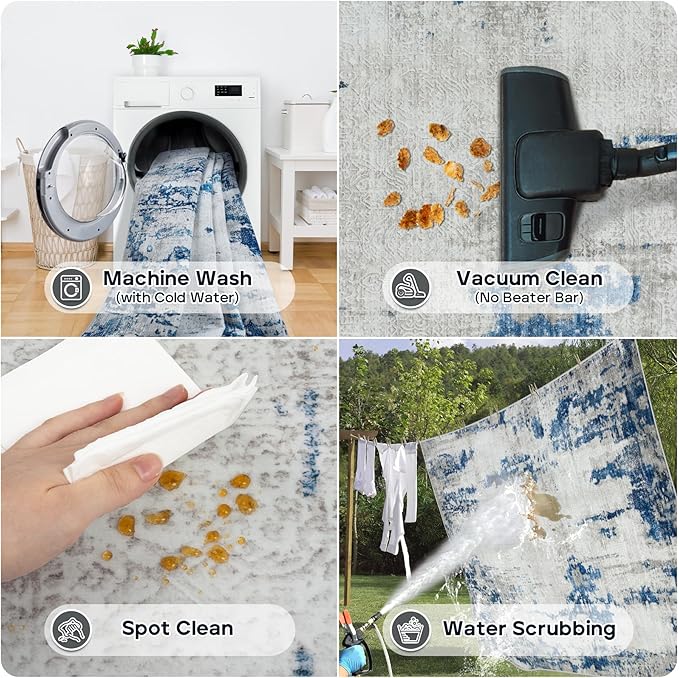 5x7 Area Rugs for Living Room Rug Washable: Modern Rug for Dining Room Bedroom Carpet Non Slip Low Pile 5 by 7 Indoor Abstract Nursery Home Office Blue White-CubbioJoy