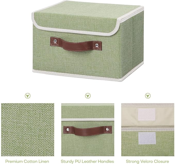 ANMINY 2PCS Storage Bins with Lid PU Leather Handles Storage Boxes PP Plastic Board Decorative Foldable Lidded Cotton Linen Fabric Home Cubes Baskets Closet Organizer Containers - Green, Small Size-CubbioJoy