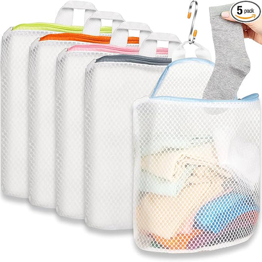 5Pcs Hanging Laundry Bags for Socks with S Hooks, 5 Color Mesh Laundry Bags for Washing Machine-CubbioJoy