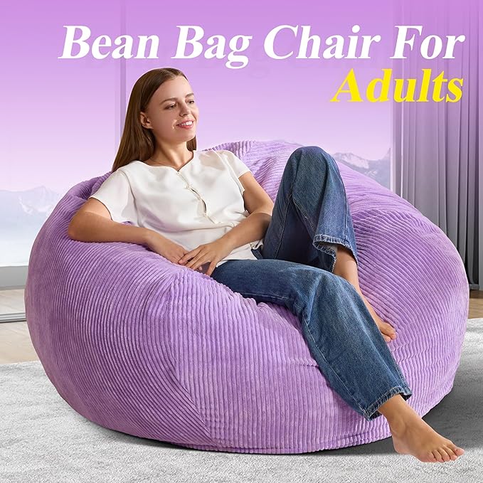 3.5FT Bean Bag Chairs Teardrop Bean Bag Chair for Adults Beanbag Chair with Memory Foam Filled Machine Washable Cover for Living Room, Bedroom (Large,Purple)-CubbioJoy