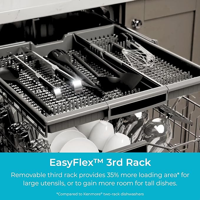 Kenmore 18" Built-in Stainless Steel Tub Dishwasher EasyFlex 3rd, SmartWash, UltraWash Plus, TurboDry, MoreSpace Adjustable Rack, Energy Star Certified, White-CubbioJoy