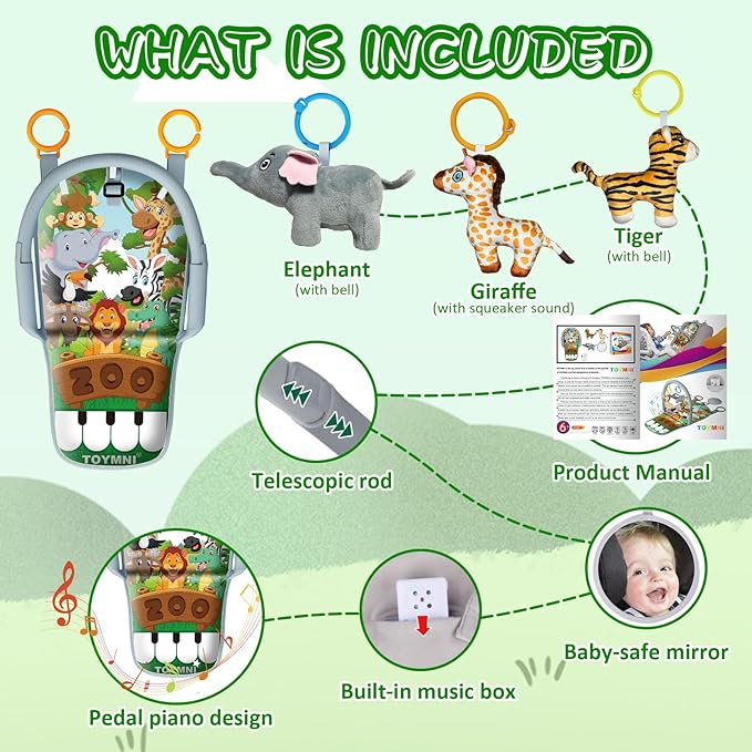 Car Seat Toys for 6-12 Months - Musical Pedal Piano with Baby Mirror, Squeaky Sensory Soft Animal Toys for Rear Facing Carseats-CubbioJoy