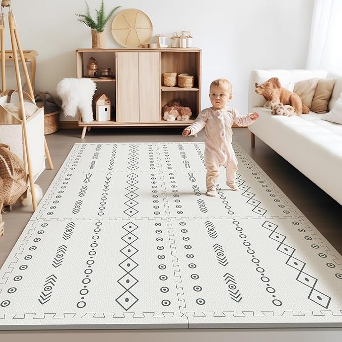Baby Foam Play Mat for Floor, PIGLOG 72x48 Baby Crawling Mat, Puzzle Mats for Kids for Baby with Interlocking Tiles, Toddler Play Mat for Indoor and Outdoor, Easy to Clean Playroom Mat, Lines + Shapes-CubbioJoy