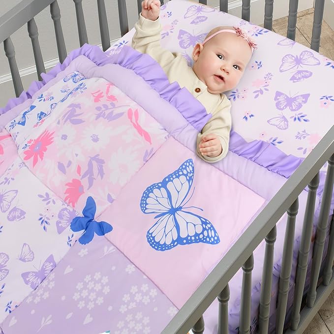 Cloele Crib Bedding Set for Girls, 3 Pieces Floral Butterfly Baby Bedding Set -Includes Comforter Fitted Sheet Crib Skirt,Standard Size Nursery Baby Crib Set for Girls,Purple-CubbioJoy