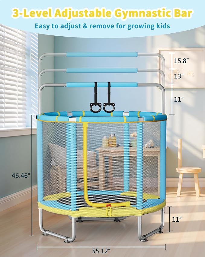 55” Trampoline for Kids, Powder-Coated Mini Trampoline for Toddlers, Indoor Outdoor Toys with Adjustable Gymnastics Bar, Swing, Basketball Hoop, Birthday Gifts for Boys & Girls Ages 1-8-CubbioJoy