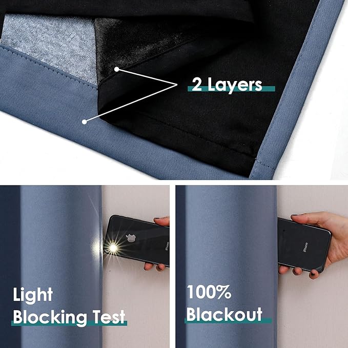ChrisDowa 100% Blackout Curtains 120 inch Long for Bedroom with Black Liner, 2 Thick Layers Total Blackout Thermal Insulated Grommet Long Window Curtains 2 Panels Set (Stone Blue, 52 x 120 Inch)-CubbioJoy