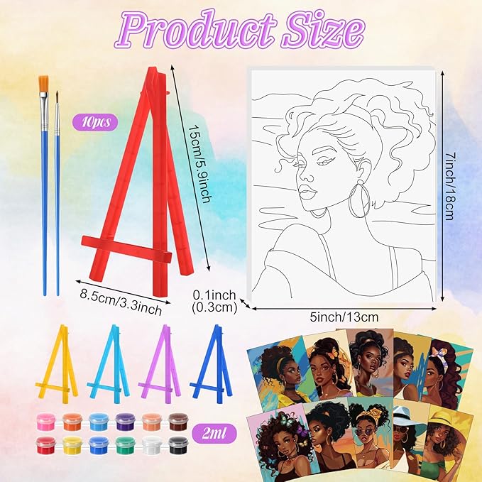 Blosssound 10 Set Pre Printed Canvas Pre Drawn Canvas Painting with Easel Kits 5" x 7" Outline Painting Panels for Beginners, DIY Craft Project, Party Favor, Home Decors(Black Women)-CubbioJoy