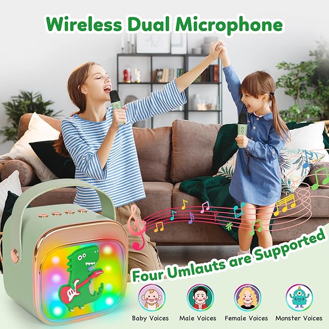 Dinosaur Karaoke Machine for Kids, Portable Mini Karaoke Machine with 2 Wireless Microphones, 4 5 6 7 8 9 10 Years Old Girl Boy Easter Christmas Birthday Gift Colorful Lighted Speaker Toys-CubbioJoy