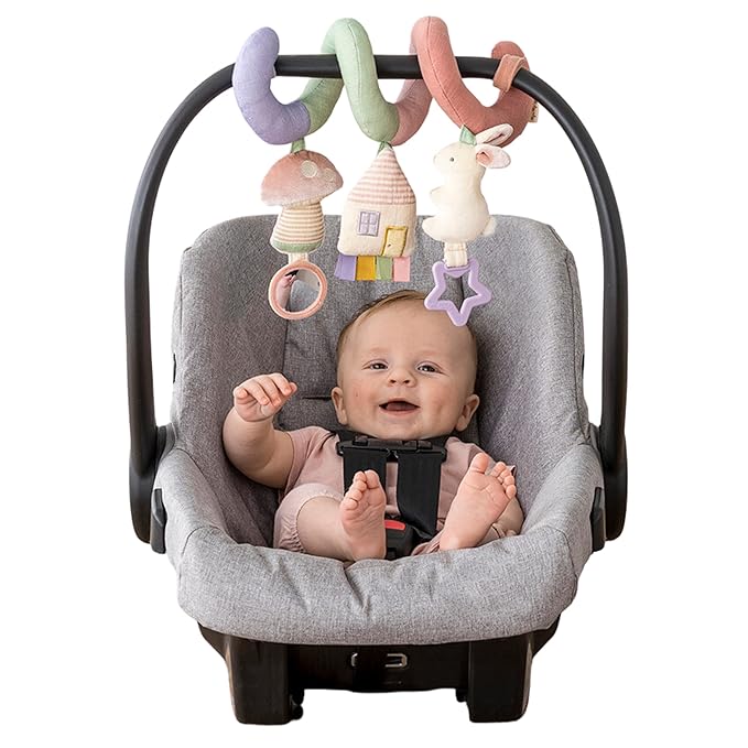 Itzy Ritzy Spiral Car Seat & Stroller Activity Toy - Stroller & Car Seat Toys for Ages 0 Months and Up - Hanging Toys Include Dangling Ring, Mirror and Textured Ribbons (Pastel Rainbow)-CubbioJoy