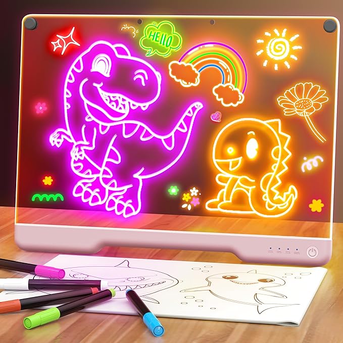 16-Inch Rechargeable Doodle Glow LED Note Board, 7-Color Light Modes, Neon Art Dry Erase Light Up Drawing Pad with Built-in Stand, Sketching Gift Toy for Kids/Girls/Teens, 5 Markers & Tracing Book-CubbioJoy