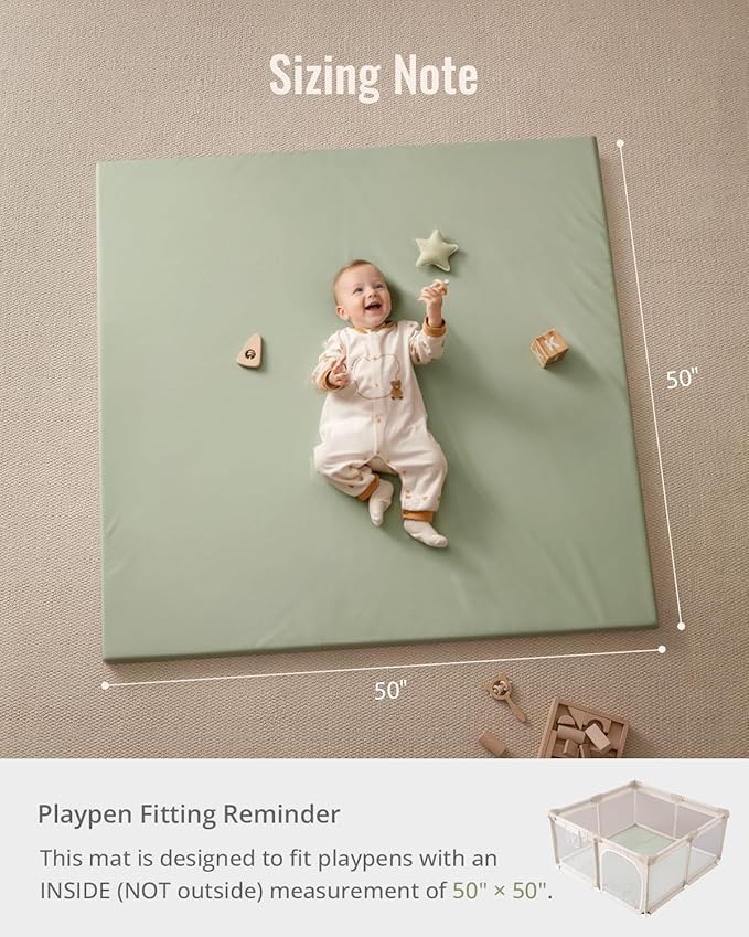 Blissful Diary Vegan Leather Baby Play Mat, 50x50 Thicken Foam Cushioned & Waterproof Playpen Mat for Infants and Toddlers, Stylish and Just Wipe-Clean Playmat for Baby Play on Floor, Light Green-CubbioJoy
