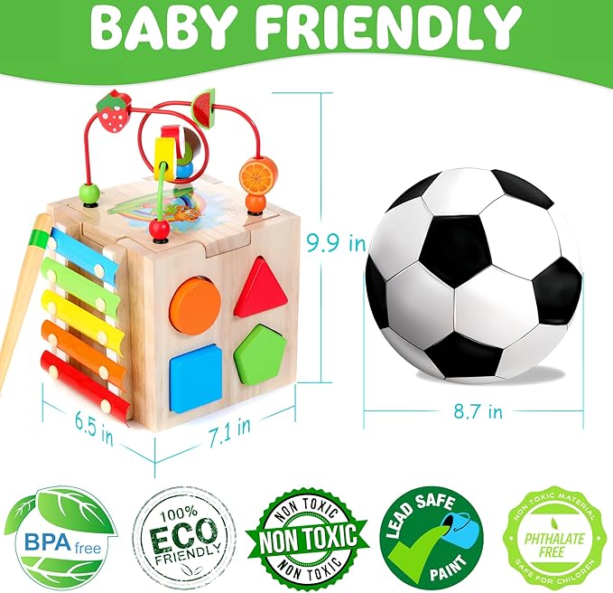 8-in-1 Wooden Baby Activity Cube - Xylophone, Shape Sorter, Abacus| 1st Birthday Gift Toys for One 1 2 3 Year Old Boy Girl | Montessori Educational Learning Toddler Toy| Bonus Sorting & Stacking Board-CubbioJoy