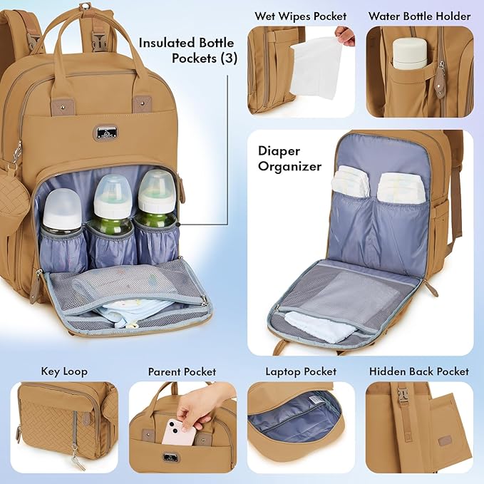 Dikaslon Diaper Bag Backpack with Portable Changing Pad, Pacifier Case and Stroller Straps, Large Unisex Baby Bags for Boys Girls, Multipurpose Travel Back Pack for Moms Dads, Tan-CubbioJoy