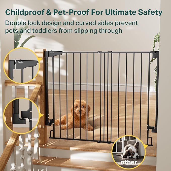 Cumbor 34" Extra Tall No Bottom Bar Baby Gate for Stairs, Auto Close Dog Gate Indoor for Larger Pets, 29.2-43" Hardware Mounted Safety Gate for Doorways, Wide Walk Thru Door for Easy Access (Black)-CubbioJoy