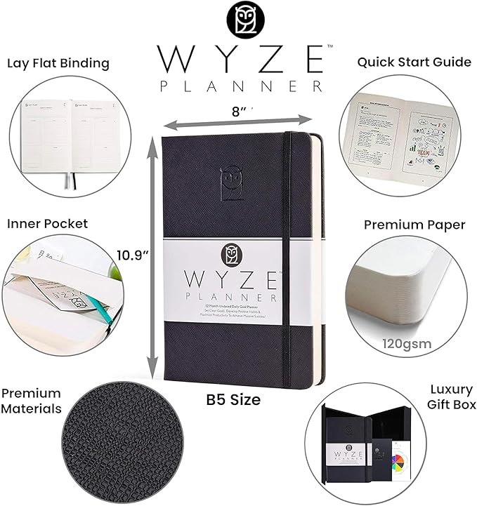 Undated Daily Planner – 1-Year B5 Productivity Organizer with Two-Page Weekly Spread, Goal Setting, Habit Tracker, Weekly & Monthly Pages – Hardcover Time Management Notebook (Black)-CubbioJoy