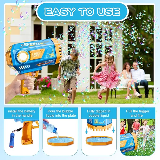 BOMOCO Bubble Gun,125 Holes Bubble Machine Bubbles for Kids Age 3-12,Bubble Blaster Gun with Bubble Solution Summer Outdoor Bubble Toys Birthday Wedding Halloween Party Favors Gifts Bubble Maker,Blue-CubbioJoy