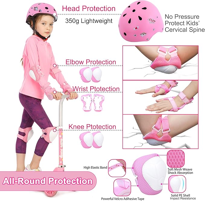 Kids Bike Helmet with DIY Stickers and Knee Pads Elbow Pads Wrist Guard Set for Ages 3-8-14 Toddler Boys Girls Helmet for Roller Skates Cycling Skateboarding Bicycle Scooter-CubbioJoy