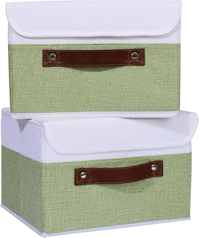 ANMINY 4PCS Storage Boxes with Lid Washable Decorative Storage Bins Basket with PU Leather Handle Foldable Linen Fabric Storage Cubes Containers for Home Closet Organizer - Green White, Small Size-CubbioJoy