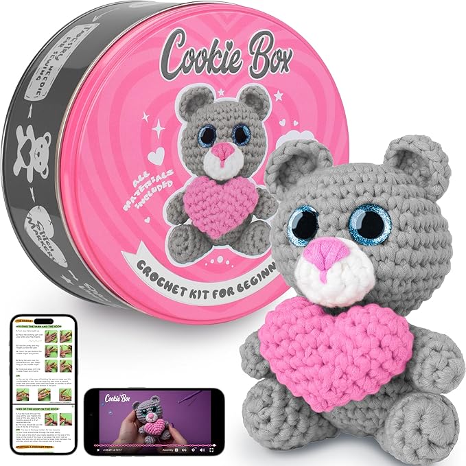 Cookie Box Crochet Kit for Beginners - Learn to Craft Amigurumi Stuffed Animals - Knitting Gift for Kids and Adults - Beginner-Friendly Yarn - Stitch-by-Stitch Video Tutorial - Bear Ted-CubbioJoy