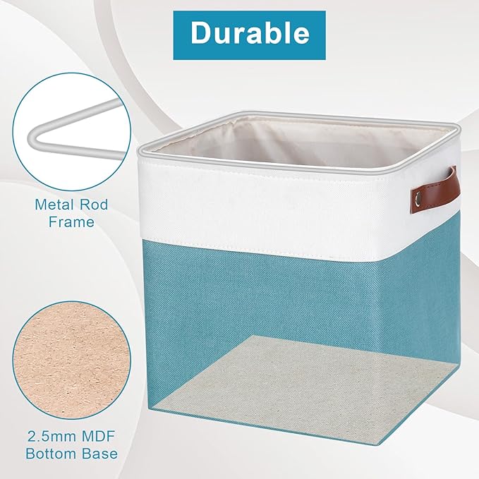 Collapsible Fabric Storage Cubes 11x11 Cube Storage Bins, 4 Pack Closet Baskets Box with Handles for Organizing, Shelf, Toys, Clothes, Home, Office, Nursery (Teal&White)-CubbioJoy