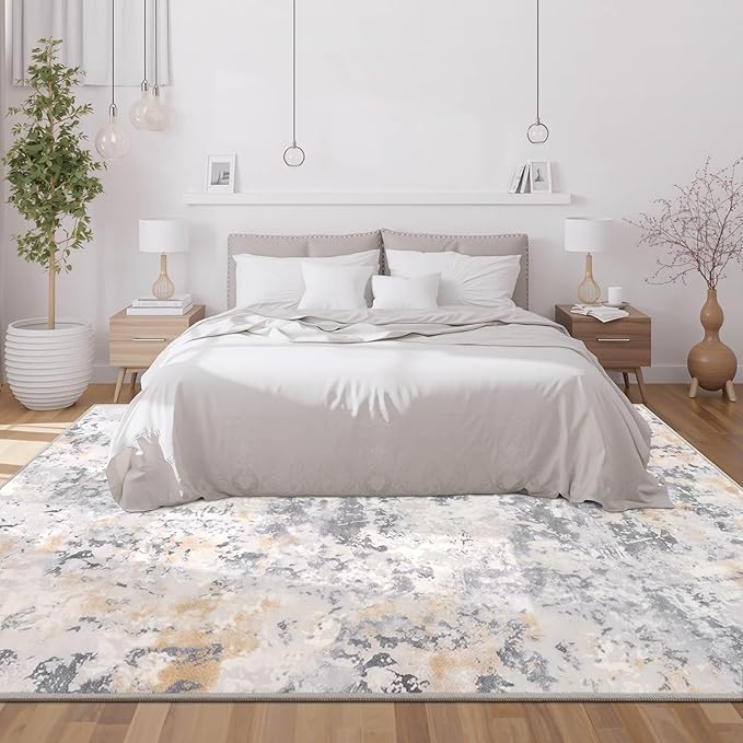8x10 Grey Area Washable Rugs for Living Room, Abstract Modern Non Slip Bedroom Rugs, Neutral Large Low Pile Carpet Stain Resistant for Dining Room, Kids Playroom, Office-CubbioJoy