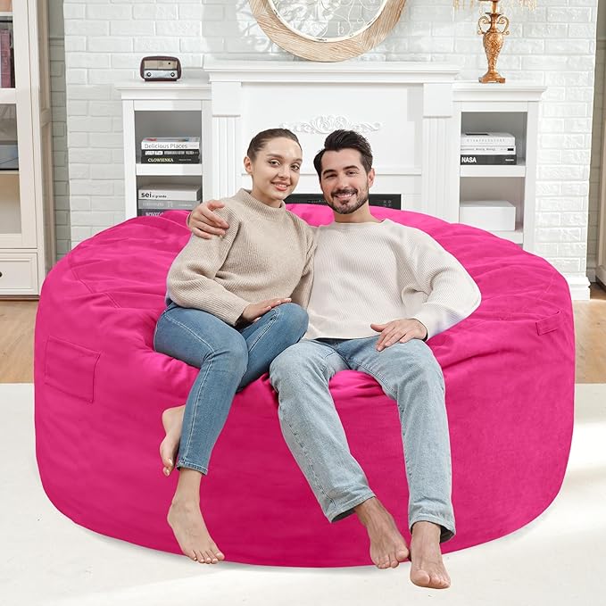 4FT Bean Bag Chair, Large Bean Bag Chairs with Memory Foam Filled, Fluffy Beanbag Sofa with Dutch Velvet Cover, Round BeanBag Chairs for Living Room, Playroom - Pink-CubbioJoy
