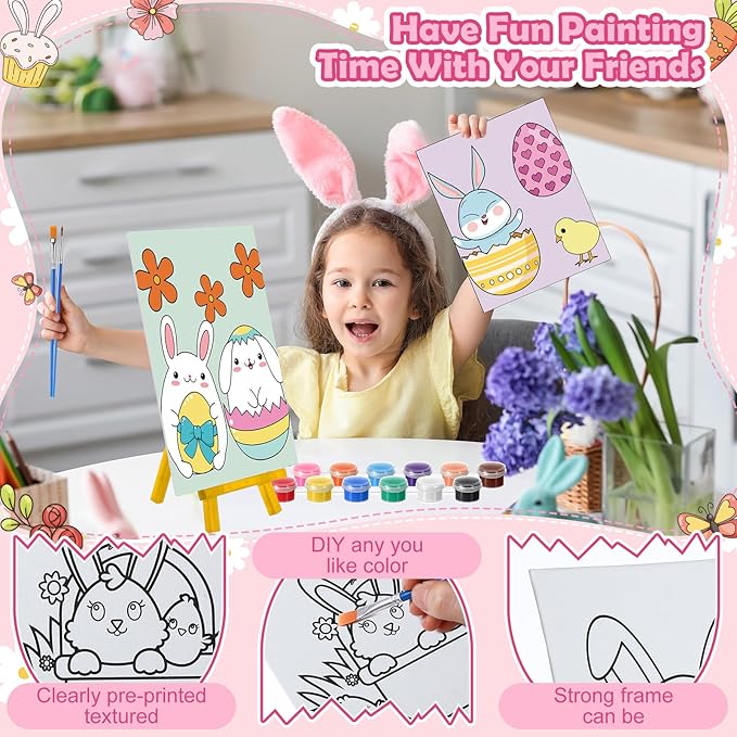 Blosssound 10 Set Pre Printed Canvas Pre Drawn Canvas Painting with Easel Kits 5" x 7" Outline Painting Panels for Beginners, DIY Craft Project, Party Favor, Home Decors(Bunny)-CubbioJoy