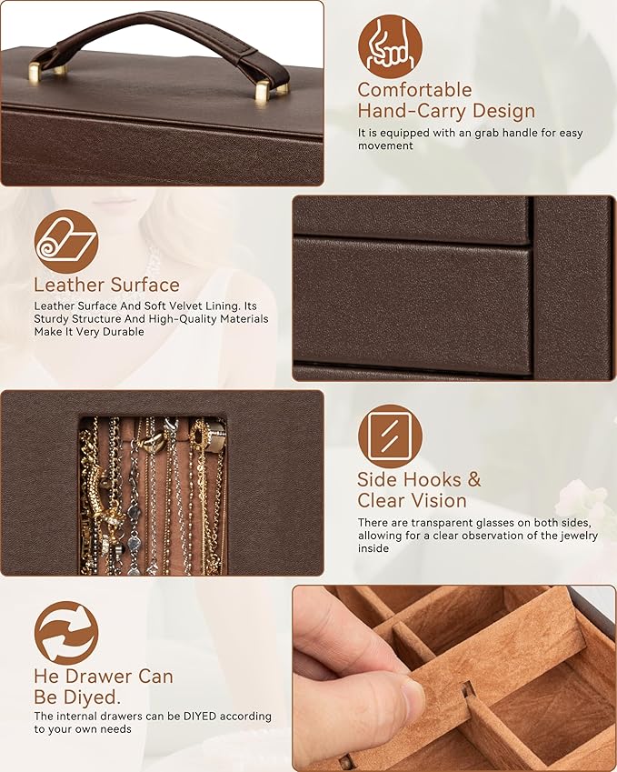 AKOZLIN 360° Rotating Jewelry Box 6-Tier Organizer Functional Jewelry Storage Case for Women Girls Ring Necklace Earring Bracelet Holder with Mirror Brown-CubbioJoy