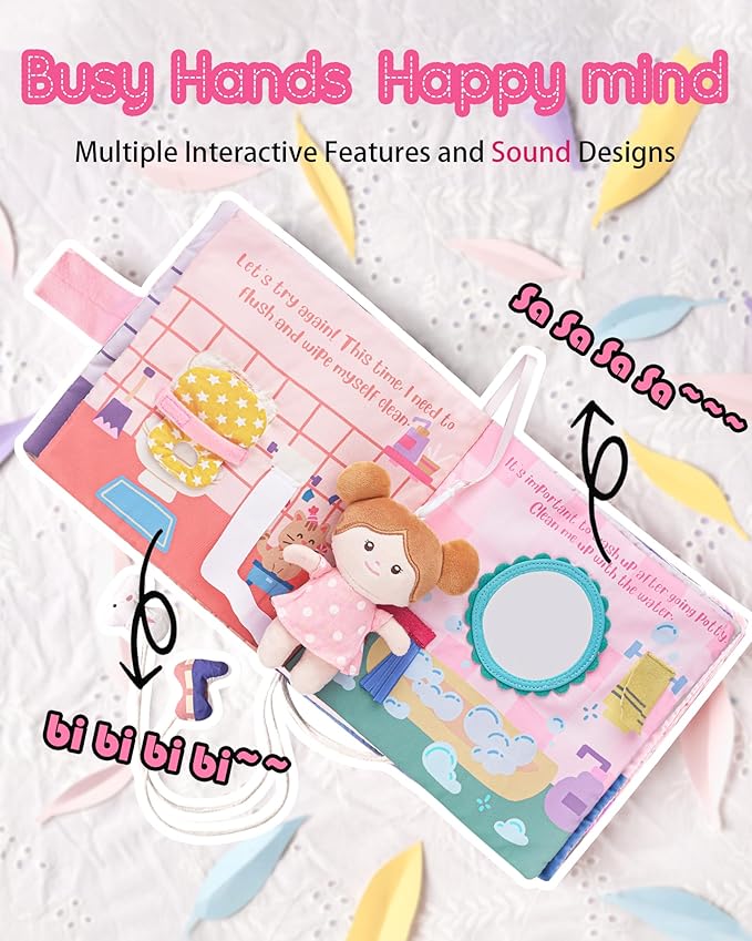 Interactive Sensory Soft Cloth Book, Educational Crinkle Quiet Activity Busy Book for Babies,Toddler Travel Toy Gift for Boys and Girls (Hello Potty)-CubbioJoy