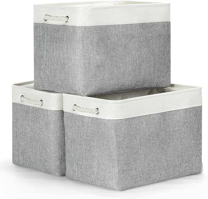 Bidtakay Large Storage Baskets for Organizing 3-Pack Fabric Closet Organizers Storage Bins with Handles 16x11.8x11.8 In Collapsible Baskets for Shelves Cloth Home Organization L-White&Grey-CubbioJoy