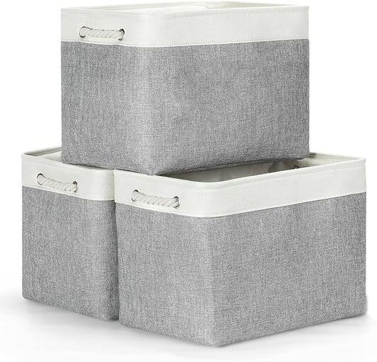 Bidtakay Large Storage Baskets for Organizing 3-Pack Fabric Closet Organizers Storage Bins with Handles 16x11.8x11.8 In Collapsible Baskets for Shelves Cloth Home Organization L-White&Grey-CubbioJoy