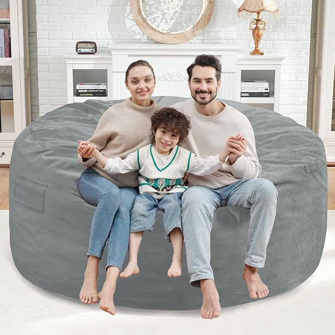 5FT Bean Bag Chair, Large Bean Bag Chairs with Memory Foam Filled, Fluffy Beanbag Sofa with Dutch Velvet Cover, Round BeanBag Chairs for Living Room, Playroom - Light Grey-CubbioJoy