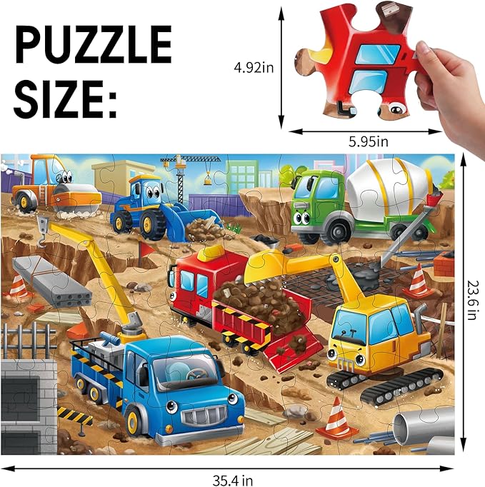 Jumbo Floor Puzzle for Kids,Construction Site Jigsaw Large Puzzles,48 Piece Construction Vehicle Puzzle for Toddler Ages 3-5,Children Learning Preschool Educational Toys,Gift for 4-8 Years Old-CubbioJoy