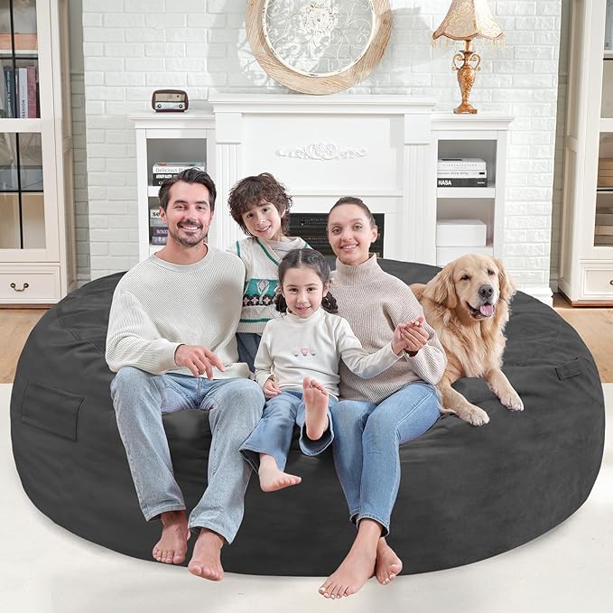 7FT Bean Bag Chair, Large Bean Bag Chairs with Memory Foam Filled, Fluffy Beanbag Sofa with Dutch Velvet Cover, Round BeanBag Chairs for Living Room, Playroom - Grey-CubbioJoy