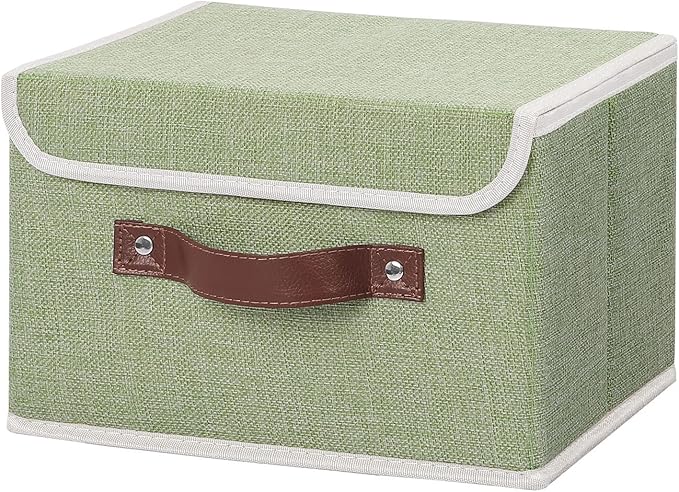 ANMINY Storage Bin with Lid Storage Boxes with PU Leather Handles PP Plastic Board Decorative Foldable Lidded Cotton Linen Fabric Home Cubes Baskets Closet Organizer Container - Green, Small Size-CubbioJoy