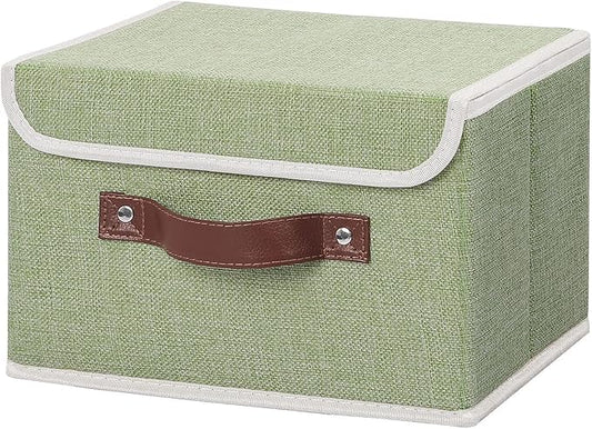 ANMINY Storage Bin with Lid Storage Boxes with PU Leather Handles PP Plastic Board Decorative Foldable Lidded Cotton Linen Fabric Home Cubes Baskets Closet Organizer Container - Green, Small Size-CubbioJoy