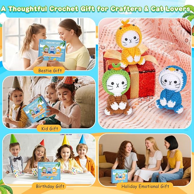 Crochet Kit for Beginners, 3 Pack Duck Cat Crochet Kits with Step-by-Step Video Tutorials, Beginner Crochet Kit for Adults Kid, Crochet Animal Kit for Starters, DIY Craft Gift for Cat Lover-CubbioJoy