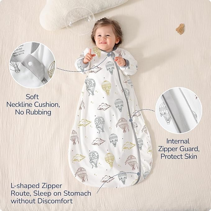 Baby Sleep Sack 6-12 Months, Cotton Detachable Long Sleeve Sleep Sack, 1.0 Tog Toddler Sleeping Sack with Temperature Strips, 2-Way Zipper Wearable Blankets for Newborns, Hot Air Balloon-CubbioJoy