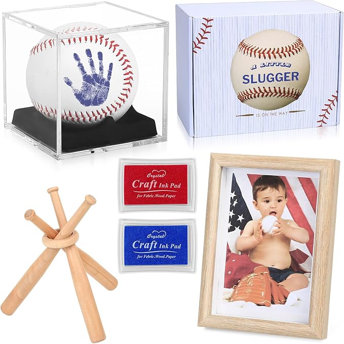 Baby Handprint & Footprint Kit with Photo Frame, Baseball Stand & Display Case – Perfect Newborn Keepsake, Baseball Baby Shower Gifts New Dad First Parent's Father's Day Gift-CubbioJoy