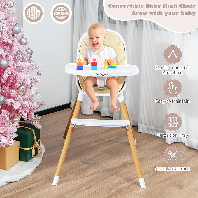 BABY JOY Convertible Baby High Chair, 3 in 1 Wooden Highchair/Booster/Chair with Removable Tray, Adjustable Legs, 5-Point Harness, PU Cushion and Footrest for Baby, Infants, Toddlers (Beige)-CubbioJoy
