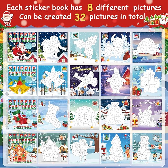 4 Pcs Christmas Paint by Sticker Books for Kids Ages 4-8 Sticker by Number Books Activity Book for Kids Ages 3-5 Sticker Puzzle Book Craft Art Toddlers Gift Snowman Santa Claus Xmas Tree 32 Pictures-CubbioJoy