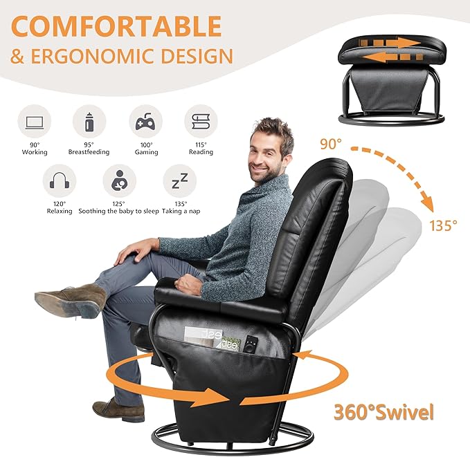 JIASTING 360° Swivel Recliner Chair with Ottoman & Double Side Pockets, Nursing Glider Rocking Recliner Chair, Gliding Chair for Nursery, Living Room, Office, Bedroom, Metal Frame (Black 1)-CubbioJoy