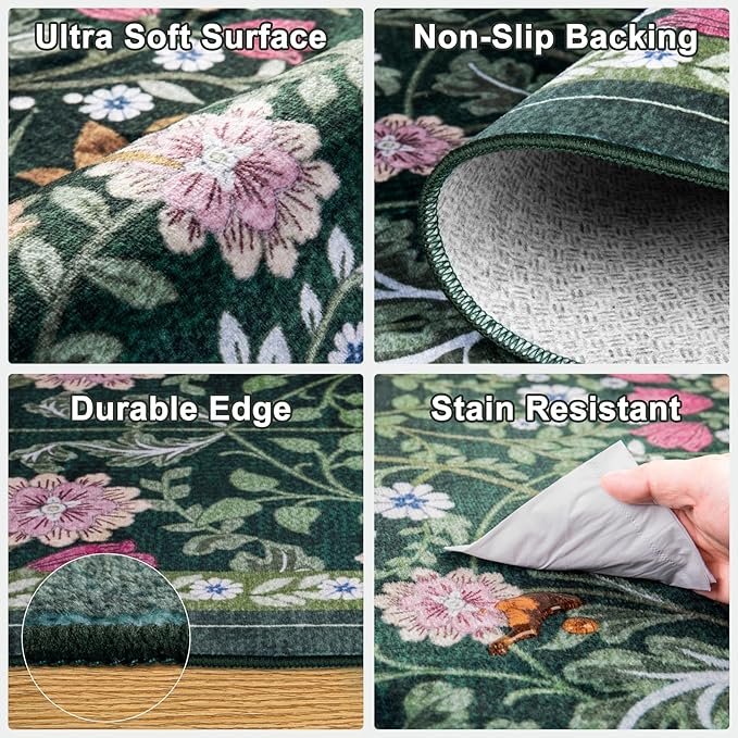Area Rugs 9x12 Living Room: Floral Washable Rug Vintage Large Soft Boho Non-Slip Carpet Indoor Floor Stain Resistant Low Pile Carpets for Bedroom Dining Room Farmhouse Nursery Home Office Dark Green-CubbioJoy