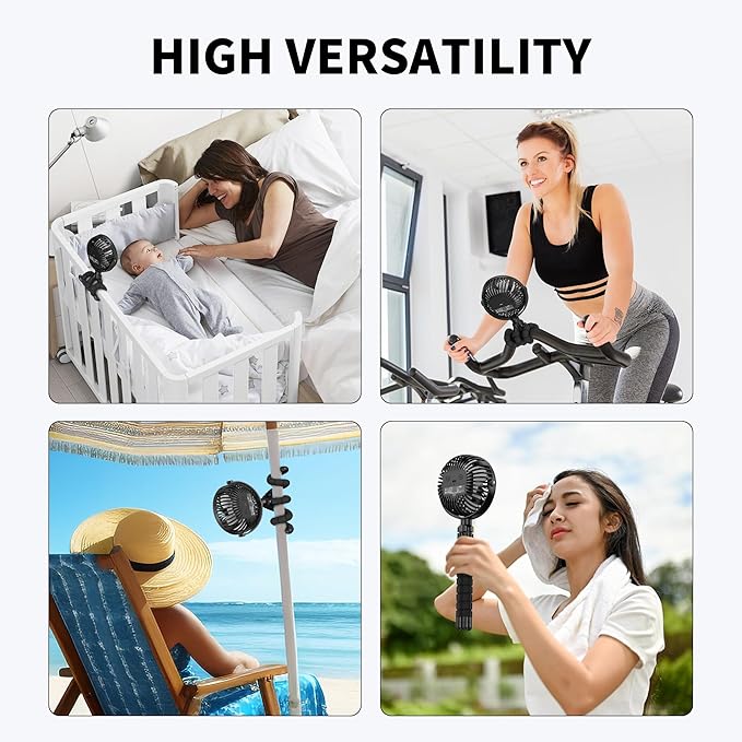 AMACOOL Battery Operated Stroller Fan Flexible Tripod Clip On Fan with 3 Speeds and Rotatable Handheld Personal Fans for Car Seat Crib Bike Treadmill (Black)-CubbioJoy