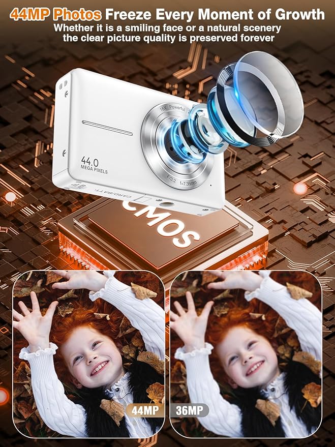 Digital Camera,FHD 1080P Kids Camera 44MP Point and Shoot Digital Cameras with 32GB Card,16X Zoom,Anti-Shake,Date Stamp,Compact Small Cameras Photography for Kids Student Teen Girl Boy(White)-CubbioJoy