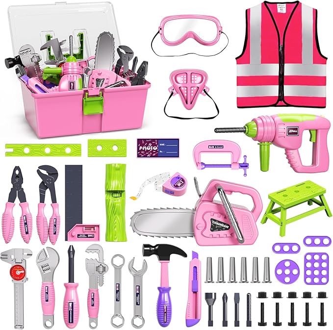 Deejoy 54Pcs Large Kids Tool Set with Electric Saw & Electronic Toy Drill, Pretend Play Kids Construction Set for Toddler 3-5 Years Old, Toddler Tool Set-Pink-CubbioJoy