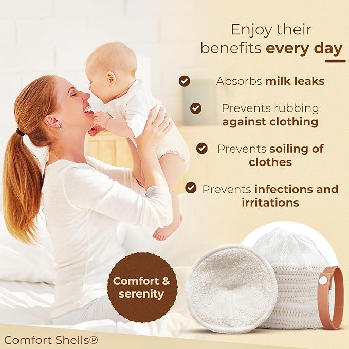 Comfort Shells® Reusable Nursing Pads – 14 Pack Ultra Soft Breast Pads + Laundry Bag + Nursing Clip Bracelet – Washable, Hypoallergenic – Absorbs Breast Milk Leaks-CubbioJoy