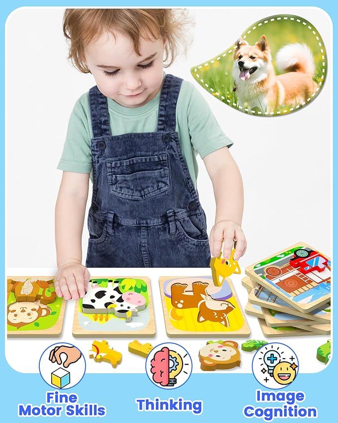 Benresive Wooden Toddler Puzzles, Montessori Toys for 1 2 3 Year Old Boys, Toys for 1 2 3 Year Old Boy Birthday Gifts, 12 Pack Vehicle Toddler Learning Educational Puzzles-CubbioJoy