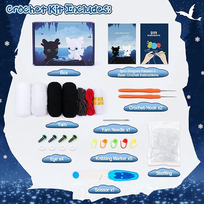 Dragon Crochet Kit for Beginners, 2PCS Black and White Dragon Crochet Animal Kit with Step-by-Step Video Tutorials, Crocheting Kits, Crochet Starter Kit for Kid and Adult, Stuffed Animal Knitting Kits-CubbioJoy