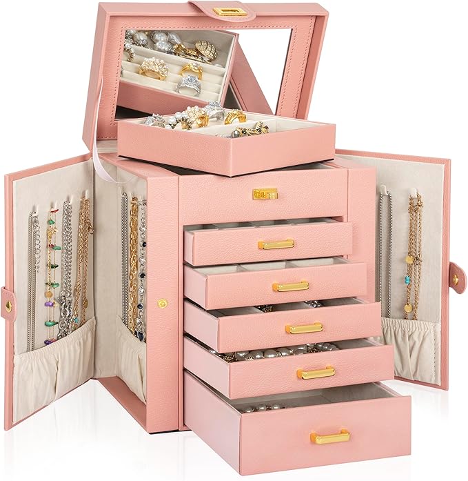 AKOZLIN Jewelry Box Organizer Functional Leather Jewelry Storage Case for Women Girls Ring Necklace Earring Bracelet Holder Organizer with Mirror Pink-CubbioJoy
